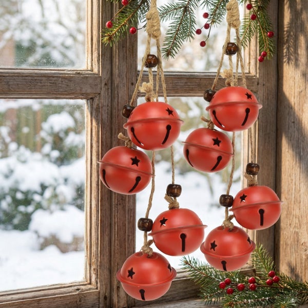 Weihnachtsanhänger Glocken an Juteschnur für eine festliche Dekoration vor einem Fenster mit Winterlandschaft.