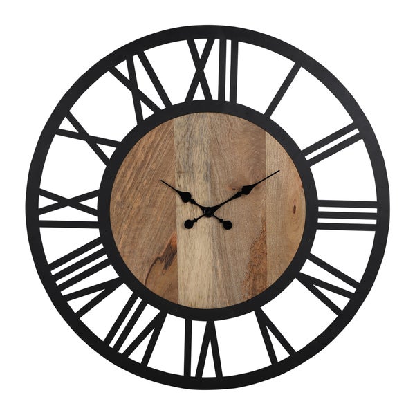 WOMO-DESIGN | Große Wanduhr Nibelheim Ø 60 cm rund, Unikat, handgefertigt aus Eisen und Mangoholz, Vintage-Stil, Schwarz-Natur, Lautlos, ohne Tickgeräusche, Designuhr Dekouhr Dekorative Uhr Design Uhr