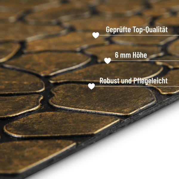 Nahaufnahme einer Fußmatte mit Kopfsteinpflaster Muster, 6 Millimeter Höhe, geprüfte Top Qualität, robust und pflegeleicht.