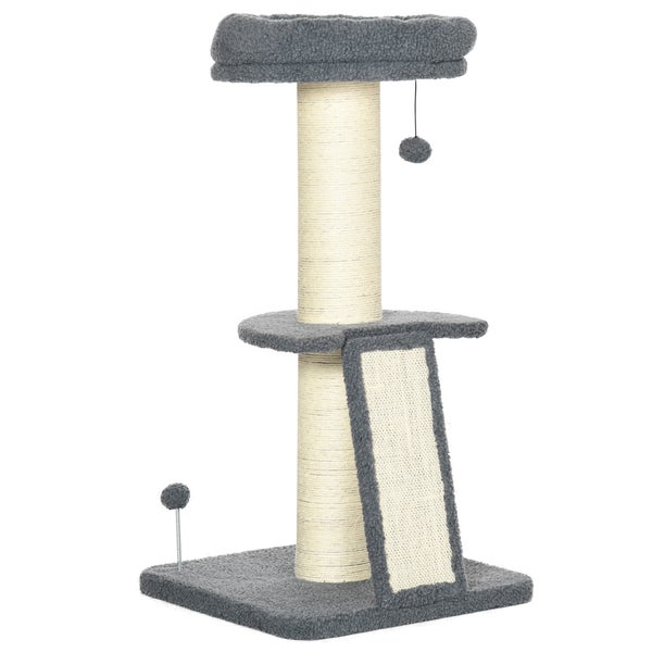 PawHut Kratzbaum 92H cm Kletterbaum mit Kratzbrett und Spielball Katzenbaum dicke Sisalsäule Katzenspielzeug mit Rampe Lammfell-Imitat Dunkelgrau+Cremeweiß