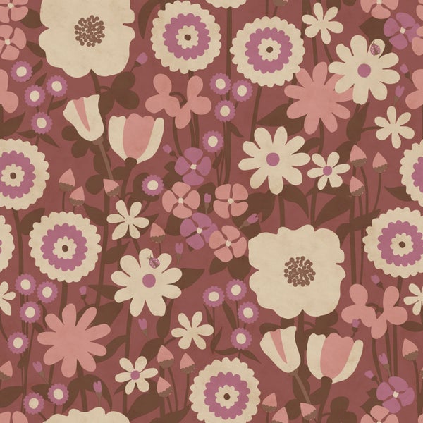 Tapete mit retro Blumenmuster und verschiedenen Blütenformen sowie kleinen Marienkäfern.