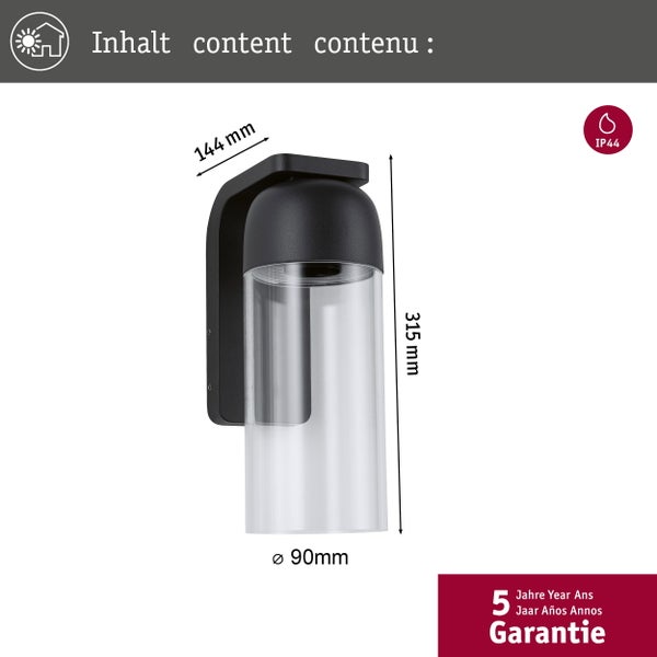 Außenwandleuchte mit klarem Glas, Höhe 315 Millimeter, Breite 144 Millimeter, Durchmesser 90 Millimeter, spritzwassergeschützt, 5 Jahre Garantie.