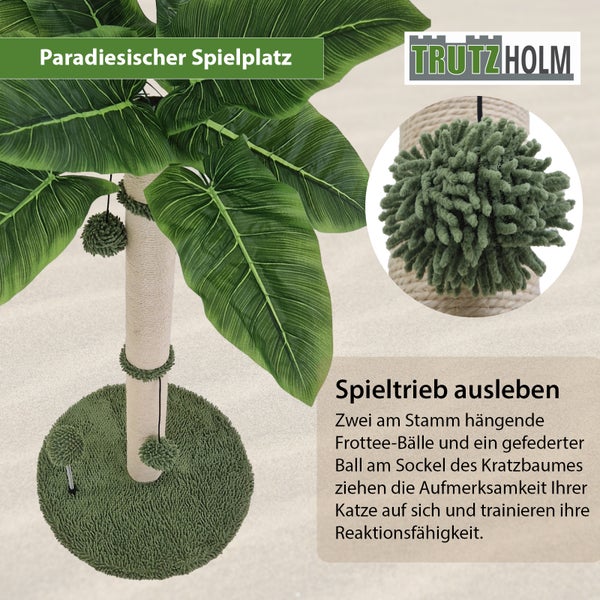 Katzenkratzbaum mit Sisalstamm, grünen Blättern und Spielzeugbällen