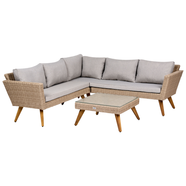 Garten-Lounge-Set bestehend aus Ecksofa in Rattanoptik mit grauen Kissen und quadratischem Couchtisch mit Glasplatte auf Holzbeinen.