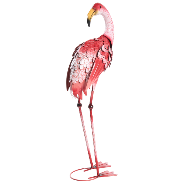 Gartenfigur Flamingo aus Metall, stehend, mit detaillierter Federstruktur.