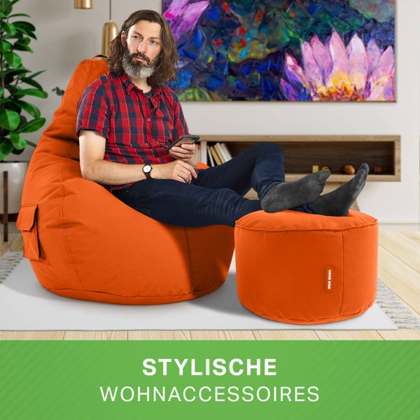 Green Bean 2er Set Sitzsack + Hocker - fertig befüllt - robust waschbar schmutzabweisend - Kinder & Erwachsene Bean Bag Bodenkissen Lounge Sitzhocker Relax-Sessel Gamer Gamingstuhl Pouf - Orange