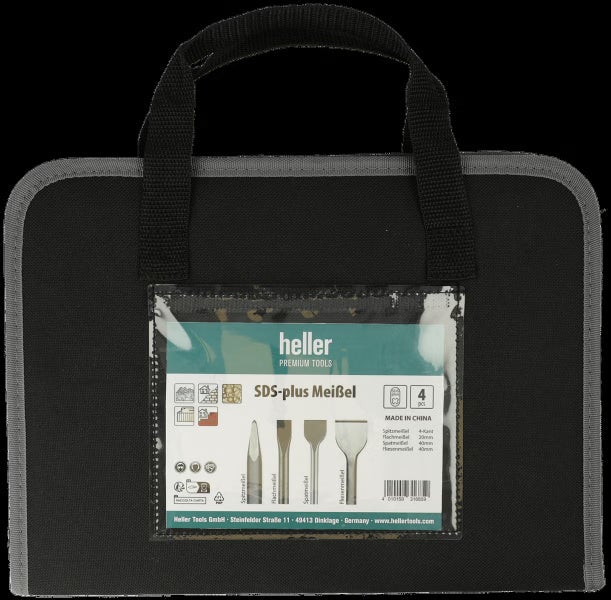 Heller SDS-plus Meißel-Set, 4-teilig, bestehend aus Spitzmeißel, Flachmeißel, Spatmeißel und Fliesenmeißel, in einer schwarzen Stofftasche.