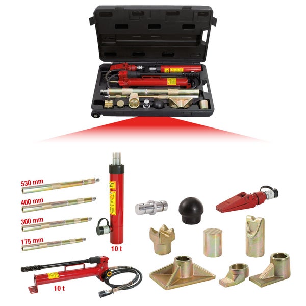 Hydraulik-Werkzeugsatz im schwarzen Werkzeugkoffer