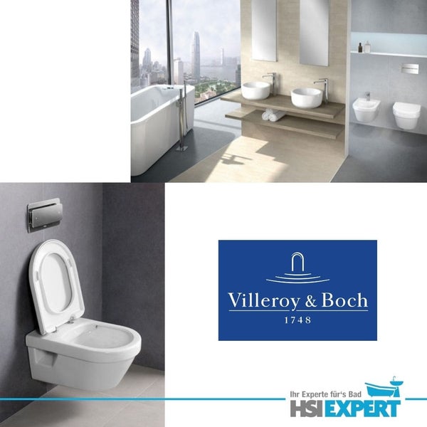 Badezimmer mit Badewanne, Waschbecken, Toilette und Bidet in heller und geräumiger Atmosphäre. Villeroy & Boch Logo.