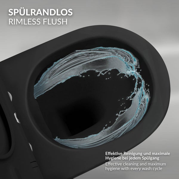 ECD Germany Hänge-WC kurz, spülrandlos mit Nano-Versiegelung, Schwarz matt, Wand-WC mit WC-Sitz abnehmbar aus Duroplast Softclose Absenkautomatik, Tiefspüler Toilette aus Sanitärkeramik, Tiefspül-WC