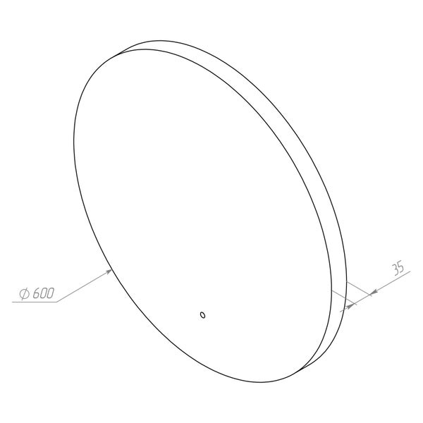 Technische Zeichnung eines runden Spiegels mit einem Durchmesser von 600 Millimeter und einer Tiefe von 35 Millimeter.