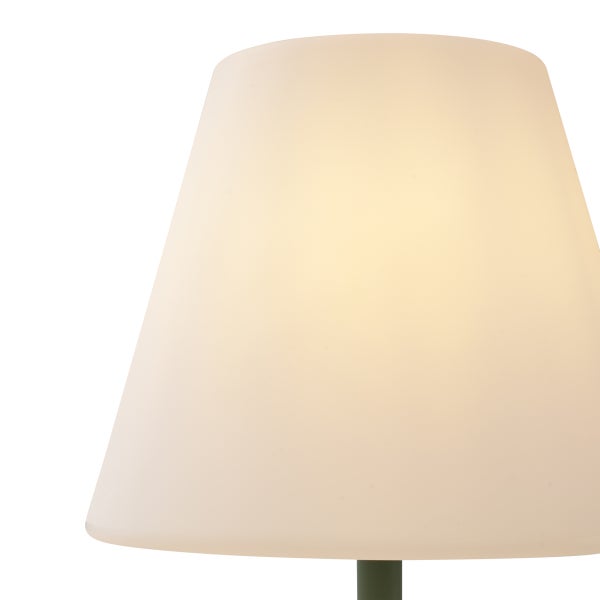 Konischer Lampenschirm aus mattem Kunststoff oder Glas, beleuchtet.