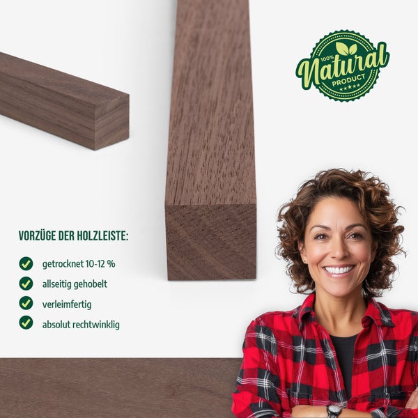 Quadratische Holzleisten, getrocknet 10 bis 12 Prozent, allseitig gehobelt, verleimfertig und rechtwinklig. Siegel 100 Prozent Naturprodukt.