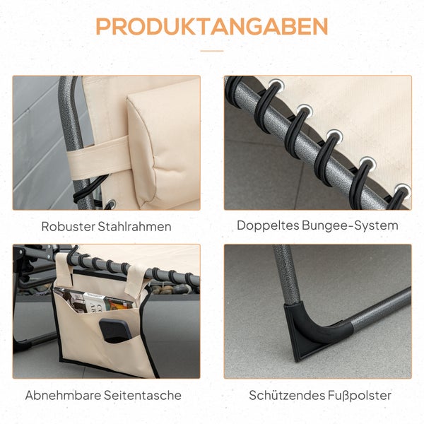 Outsunny Sonnenliege, klappbar Gartenliege mit Kopfkissen, Seitentasche, Liegestuhl mit 5-Fach verstellbare Rückenlehne, wetterfeste Campingliege bis 130 kg belastbar, für Garten Strand Pool, Beige