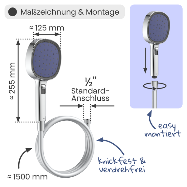 Maßzeichnung Handbrause mit Schlauch: Höhe circa 255 Millimeter, Breite circa 125 Millimeter, Schlauch circa 1500 Millimeter, 1/2 Zoll Anschluss.