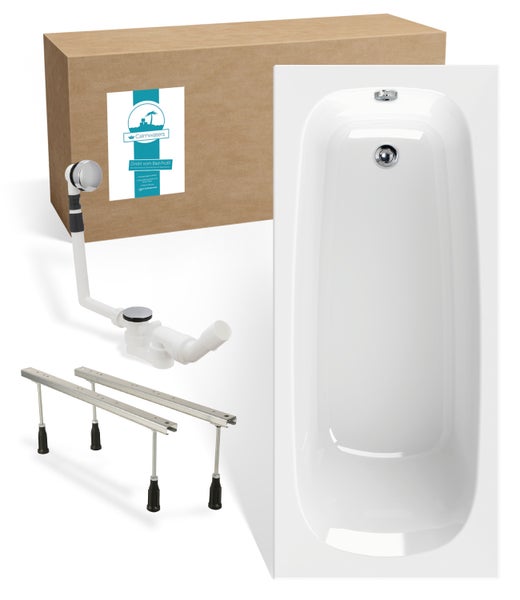 Rechteckige weiße Badewanne im Set mit Ab- und Überlaufgarnitur, höhenverstellbaren Wannenfüßen und Karton mit Calmwaters Logo.