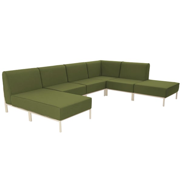 Modulares Outdoor-Loungesofa in U-Form, olivgrün, mit Metallgestell und Polsterkissen.