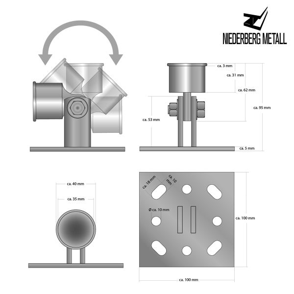 Technische Zeichnung schwenkbarer Pfostenhalter, Bodenplatte circa 100 mal 100 Millimeter, Höhe circa 95 Millimeter, Niederberg Metall Logo.