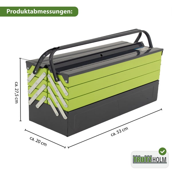 Metall Werkzeugkasten mit fünf Fächern ausziehbar mit Tragegriff Maße circa 53 mal 20 mal 27,5 Zentimeter von Trutzholm Logo