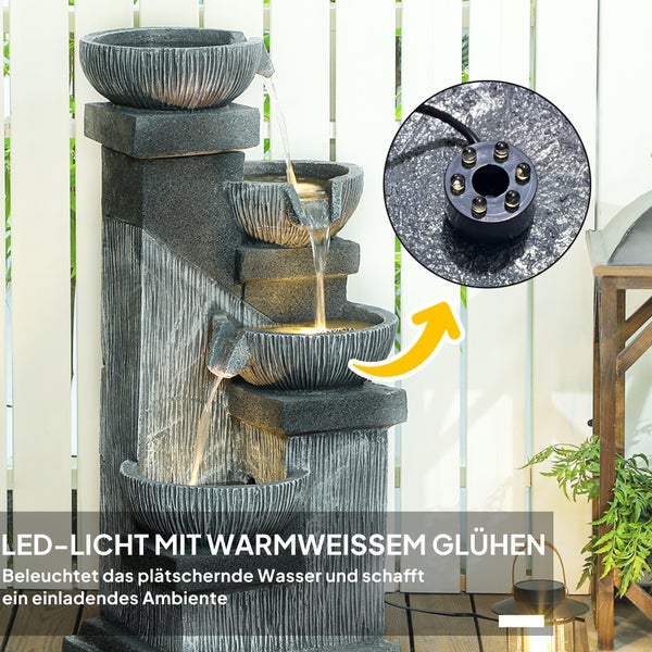 Outsunny Springbrunnen Outdoor aus Kunstharz vierstöckig Gartenbrunnen mit LED Beleuchtung Pumpe Steinoptik Dekorationsbecken Zimmerbrunnen Wasserspiel für Garten Terrasse 38 x 36 x 85 cm Grau
