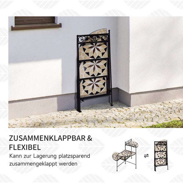 Outsunny Blumenständer 4-Stufe-Blumentreppe faltbar dekorative für Innen und Außen Garten Balkon Metall Keramikfliesen Schwarz+Beige 64 x 64 x 72 cm