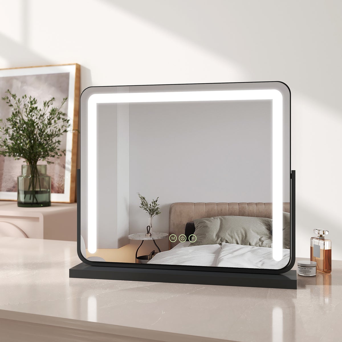 EMKE Schminkspiegel mit Beleuchtung LED Kosmetikspiegel Drehbar Make Up Spiegel mit Touchschalter, 3 Lichtfarben Dimmbar und Memory-Funktion, Schwarz, 60x51,6cm