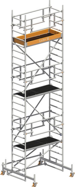 Rollgerüst mit mehreren Plattformen und Layher Logo