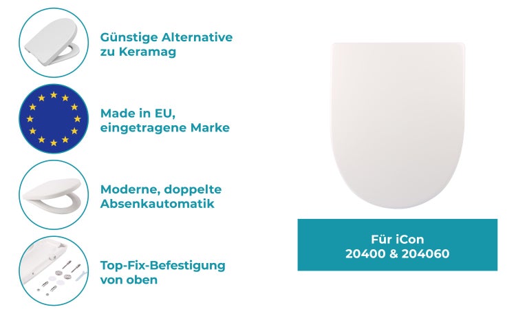 Calmwaters® WC Sitz für Keramag iCon 204000 & 204060, Antibakterieller Toilettendeckel D-Form, mit rostbeständigen Metall-Scharnieren, überlappend, aus Duroplast, Weiß - 26LP5381