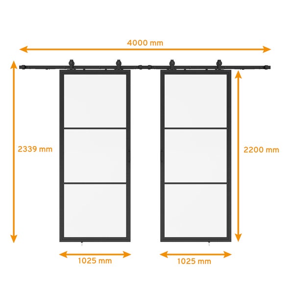 Loftschiebetür Doppelflügelig 2050x2200mm Klarglas Stahl in schwarz, Komplettset