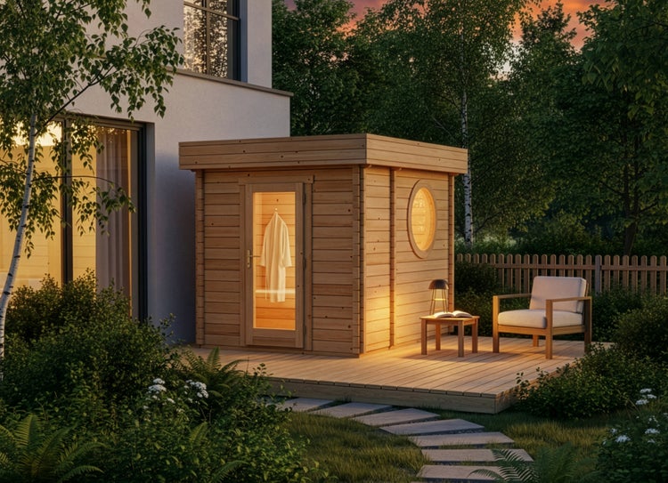 Moderne Außensauna aus Holz mit Pultdach, Glastür und Rundfenster auf einer Holzterrasse in einem Garten.