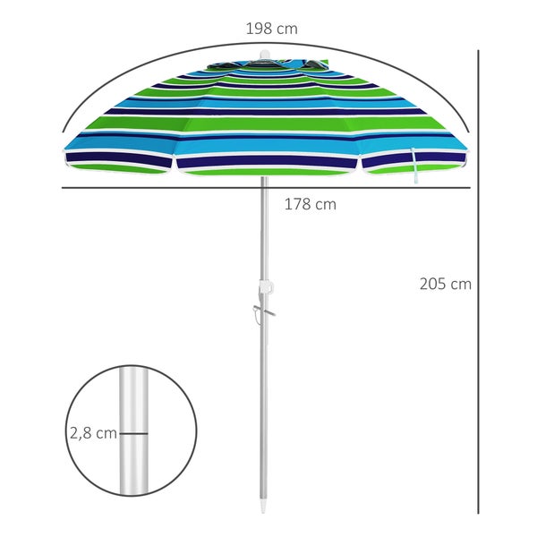 Gestreifter Sonnenschirm mit Maßen: 198 Zentimeter Bogenmaß, 178 Zentimeter Durchmesser, 205 Zentimeter Höhe und 2,8 Zentimeter Stockdurchmesser.
