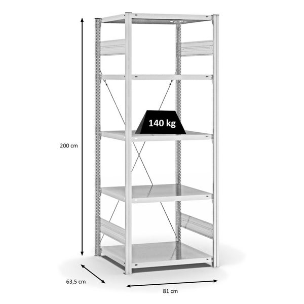 PROREGAL Fachbodenregal Stecksystem T-Profil Light-Duty Grundregal HxBxT 200 x 75 x 60 cm 5 Ebenen Fachlast 140 kg Einseitig Nutzbar Lichtgrau