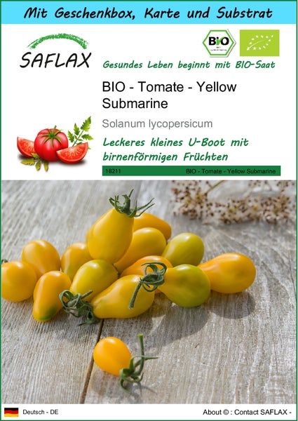 SAFLAX Geschenk Set - BIO - Tomate - Yellow Submarine - Solanum lycopersicum - 10 Samen - Mit Geschenkbox, Versandaufkleber, Geschenkkarte und Anzuchtsubstrat
