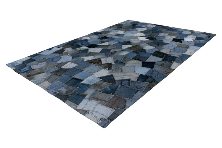 Rechteckiger Teppich in Patchwork Optik aus zusammengesetzten Denim Stoffstücken