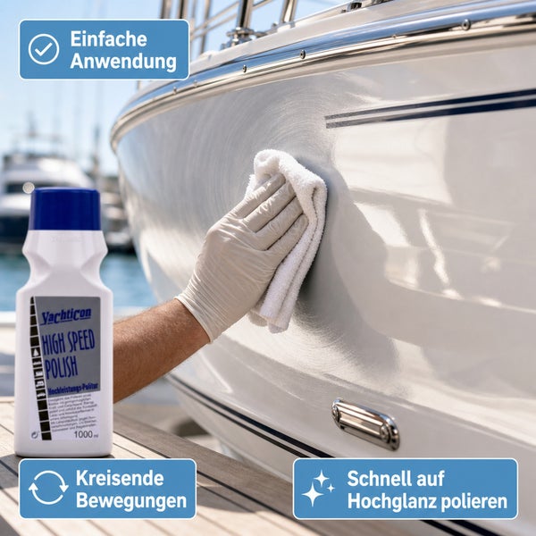 Person poliert eine Bootsseite mit Yachticon High Speed Polish und einem Tuch, einfache Anwendung, kreisende Bewegungen, schneller Hochglanz.