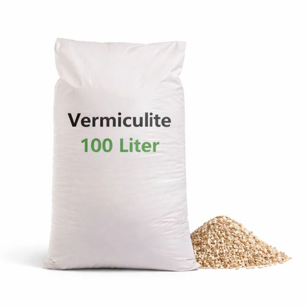Sack Vermiculite 100 Liter mit einer Probe des grobkörnigen Materials daneben.