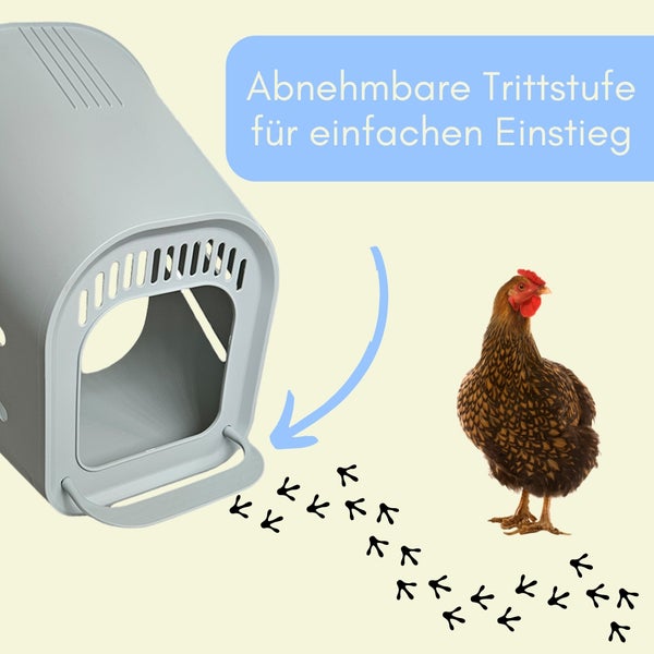 Legenest für Hühner aus grauem Kunststoff mit abnehmbarer Trittstufe für einen einfachen Einstieg.
