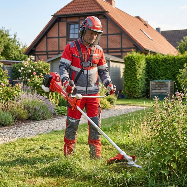 Ein Mann arbeitet mit einer Motorsense im Garten. Er trägt Schutzkleidung.