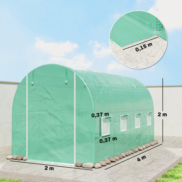 Grünes Folien-Gewächshaus mit Maßen 2 Meter mal 4 Meter mal 2 Meter, Fenster 0,37 Meter mal 0,37 Meter und Bodenrand 0,15 Meter.