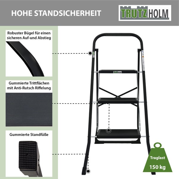 Trutzholm Haushaltsleiter mit drei Stufen, Sicherheitsbügel, rutschfesten Trittflächen und rutschfesten Standfüßen, maximale Traglast 150 Kilogramm.