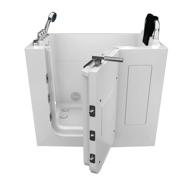 Sitzbadewanne mit seitlicher Tür, Handbrause und verchromten Armaturen