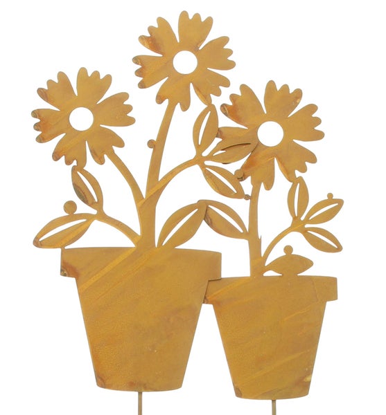 FRANK FLECHTWAREN | Gartenstecker Blume im Topf, 2er Set, METALL, H: 35 cm, H: 40 cm