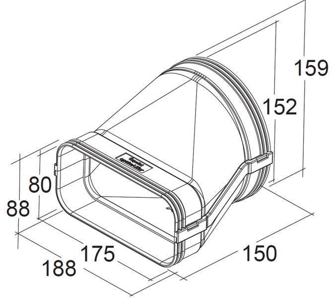 Technische Zeichnung eines Flachkanal auf Rundrohr Adapters mit Bemaßung für Lüftungssysteme.