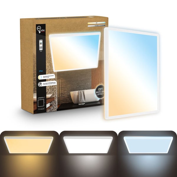 Quadratisches LED-Panel für Badezimmer mit IP44 Schutzart, einstellbarer Farbtemperatur, dimmbar über Fernbedienung und Hintergrundbeleuchtung.