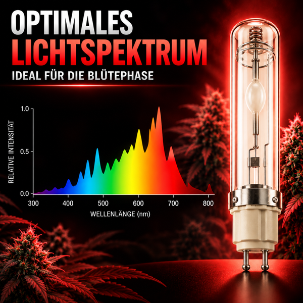 Natriumdampflampe mit Lichtspektrum Diagramm für die Pflanzenblütephase