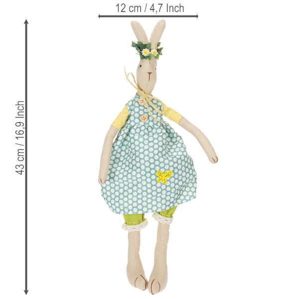 Osterhase aus Stoff mit gepunktetem Kleid und Blumenschmuck, Höhe 43 Zentimeter, Breite 12 Zentimeter.