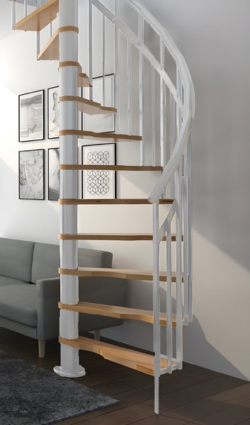 HandyStairs Wendeltreppe „Siena“ Ø 145 cm – Rechtsdrehend – 273 cm hoch – 12 Buchenstufen – Weiß