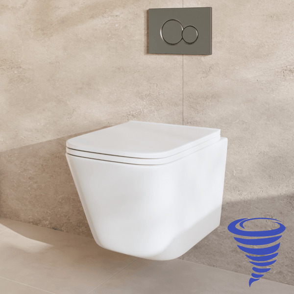 Wandhänge WC mit Spülrand in moderner Optik vor einer Fliesenwand mit Betätigungsplatte
