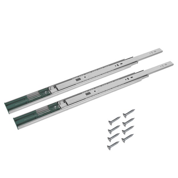 Zwei Schubladenschienen aus Metall und Schrauben