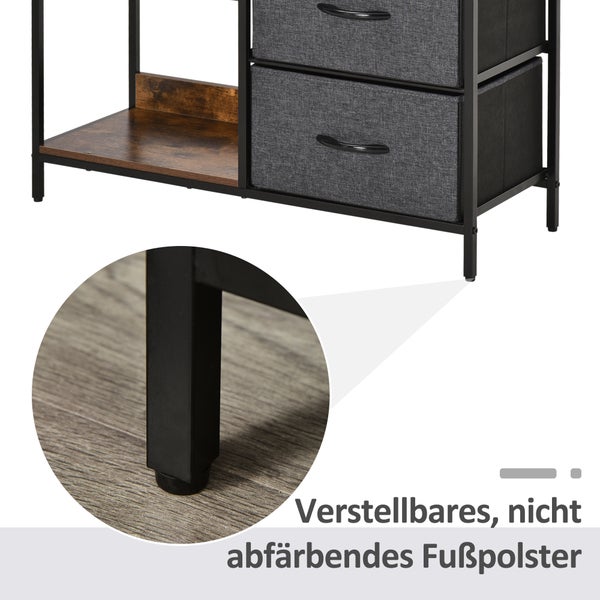 HOMCOM Kommode Aufbewahrungsschrank mit 3 Stoff-Schubladen, 2 offenen Regal, Kommodenschrank mit Metallrahmen für Schlafzimmer, Wohnzimmer Braun